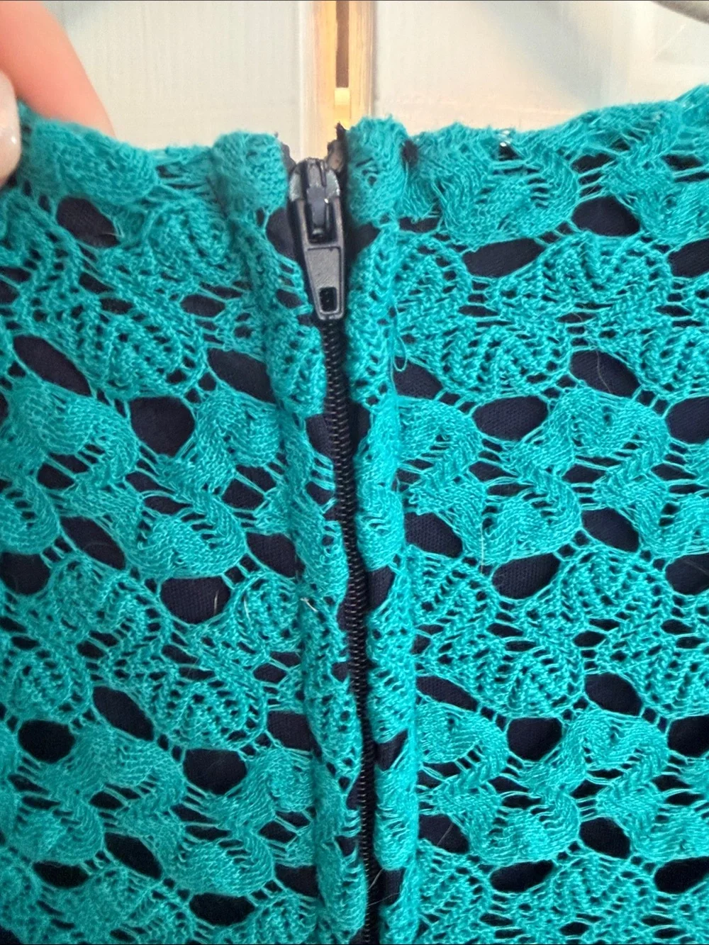Speechless Teal Crochet Lace Fit & Flare Dress with Three-Quarter Sleeves